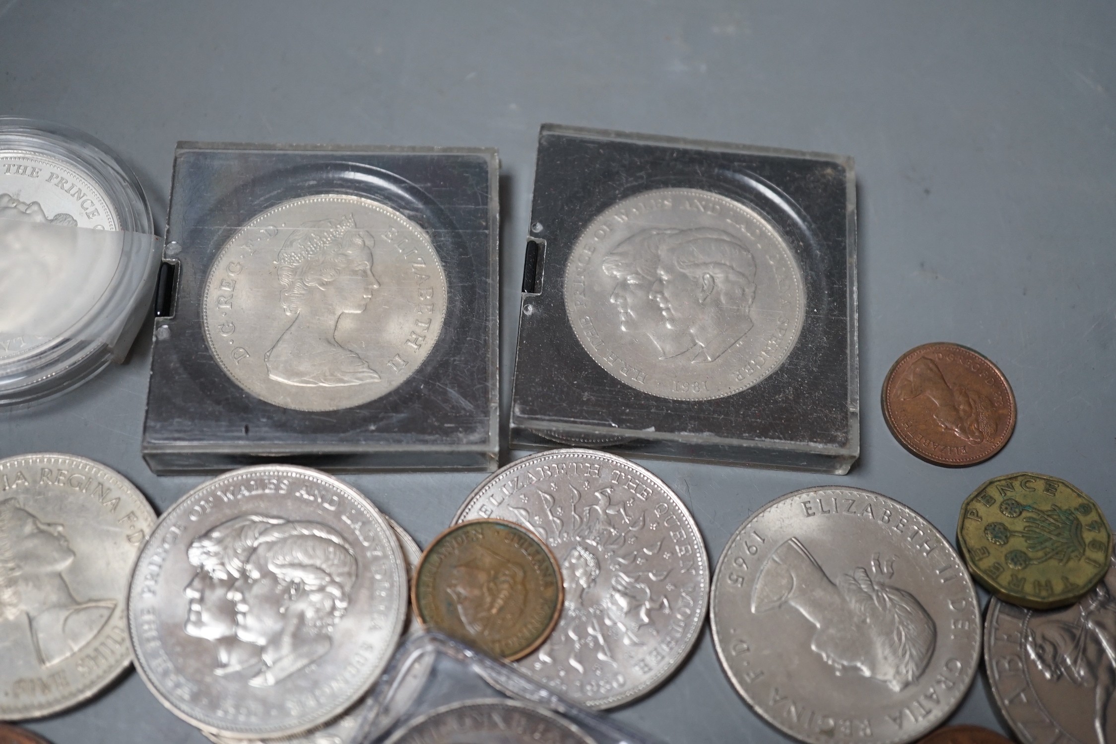 A 1902 silver crown, VF, 1889 half crown, a proof silver Prince of Wales & Lady Diana crown and other UK coins